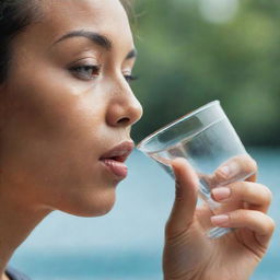 A person sipping clear water from a glass, a picture of hydration and health.