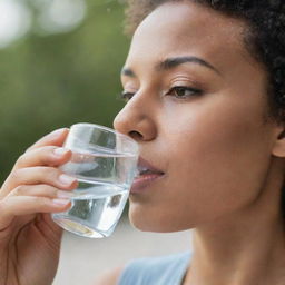 A person sipping clear water from a glass, a picture of hydration and health.