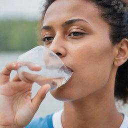 A person sipping clear water from a glass, a picture of hydration and health.