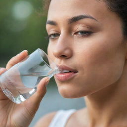 A person sipping clear water from a glass, a picture of hydration and health.