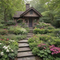 To the scene of the ethereal cottage tucked in the woods, add a vibrant garden overflowing with colorful blooms and lush greenery.