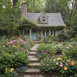 To the scene of the ethereal cottage tucked in the woods, add a vibrant garden overflowing with colorful blooms and lush greenery.