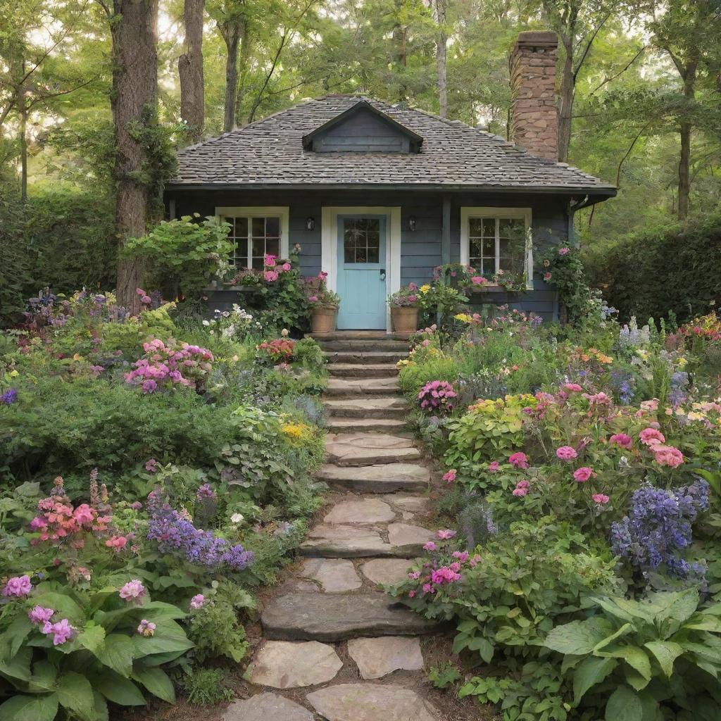 To the scene of the ethereal cottage tucked in the woods, add a vibrant garden overflowing with colorful blooms and lush greenery.