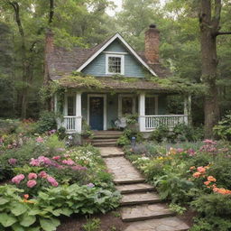 To the scene of the ethereal cottage tucked in the woods, add a vibrant garden overflowing with colorful blooms and lush greenery.