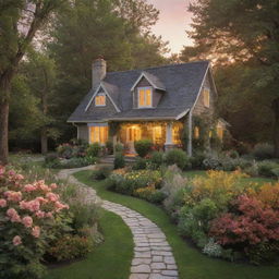 Enhance the scene of the ethereal cottage in woods with a vibrant garden by adding a breathtaking sunset, its warm hues bathing the scenario with a golden glow.