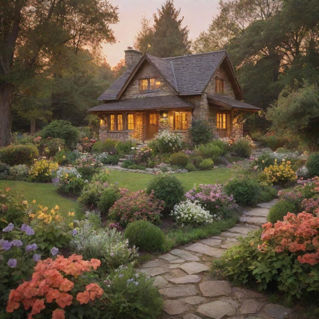 Enhance the scene of the ethereal cottage in woods with a vibrant garden by adding a breathtaking sunset, its warm hues bathing the scenario with a golden glow.