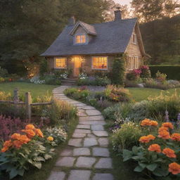 Enhance the scene of the ethereal cottage in woods with a vibrant garden by adding a breathtaking sunset, its warm hues bathing the scenario with a golden glow.