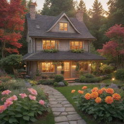 Enhance the scene of the ethereal cottage in woods with a vibrant garden by adding a breathtaking sunset, its warm hues bathing the scenario with a golden glow.