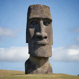 A sculpture styled like the Moai statues of Easter Island with an angered expression.