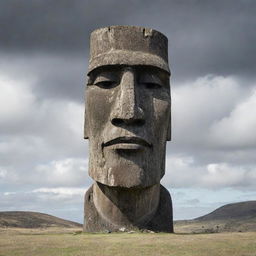 A sculpture styled like the Moai statues of Easter Island with an angered expression.