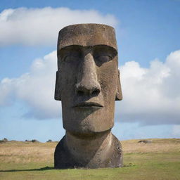 A sculpture styled like the Moai statues of Easter Island with an angered expression.