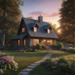 Render the scene of the ethereal cottage nestled in the woods with a vibrant garden beneath a radiant sunset in ultra high-definition realism.