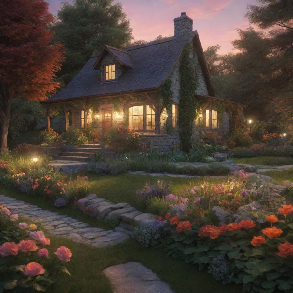 Render the scene of the ethereal cottage nestled in the woods with a vibrant garden beneath a radiant sunset in ultra high-definition realism.