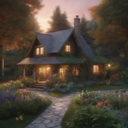 Render the scene of the ethereal cottage nestled in the woods with a vibrant garden beneath a radiant sunset in ultra high-definition realism.