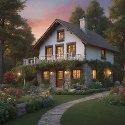 Render the scene of the ethereal cottage nestled in the woods with a vibrant garden beneath a radiant sunset in ultra high-definition realism.