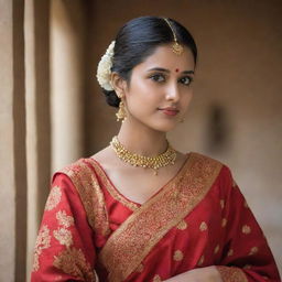 A beautiful girl dressed in traditional attire, posing thoughtfully in a serene environment.