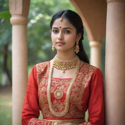 A beautiful girl dressed in traditional attire, posing thoughtfully in a serene environment.