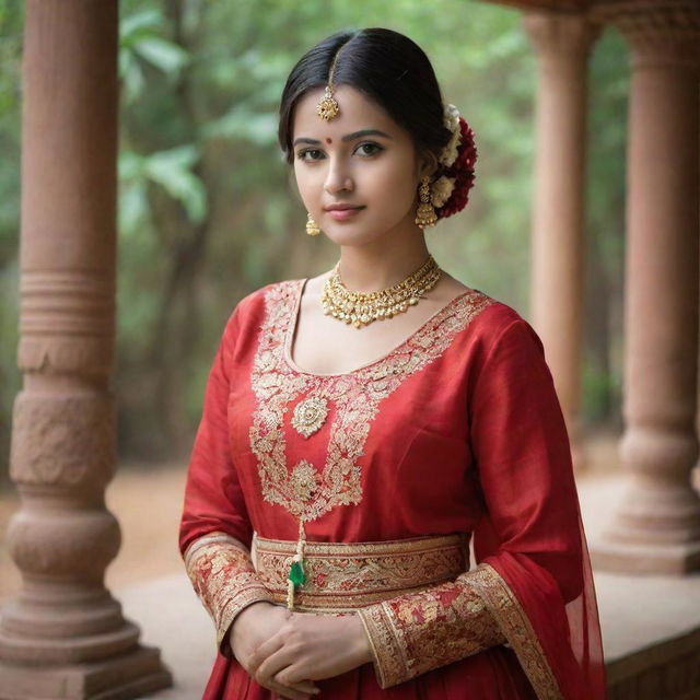 A beautiful girl dressed in traditional attire, posing thoughtfully in a serene environment.