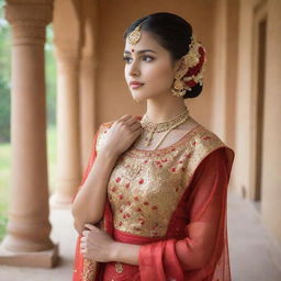 A beautiful girl dressed in traditional attire, posing thoughtfully in a serene environment.