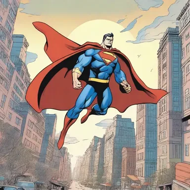 The superhero comic depicts the powerful character flying through the city imperially, with a cape flowing majestically behind.