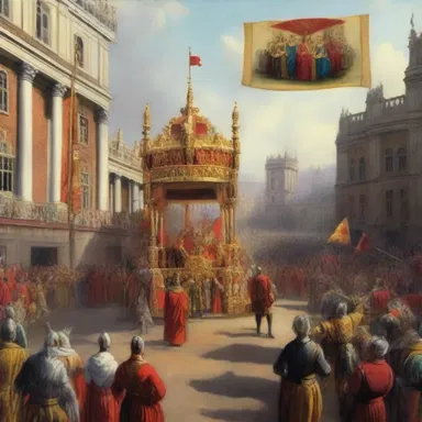 The classic literature piece describes the royal procession as they enter the city imperially, with banners flying high and an air of grandeur.