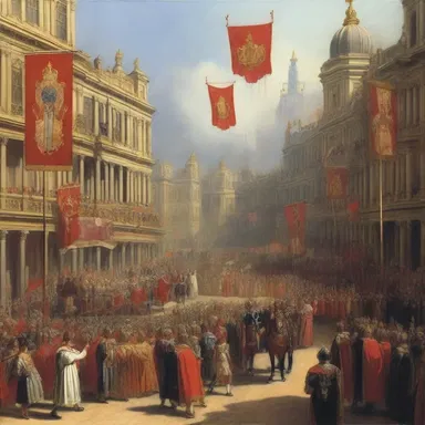 The classic literature piece describes the royal procession as they enter the city imperially, with banners flying high and an air of grandeur.