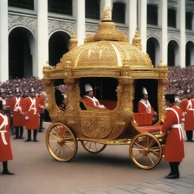 During the monarchy era, the emperor would arrive at important ceremonies imperially, riding in a golden carriage surrounded by guards and courtiers.