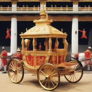 During the monarchy era, the emperor would arrive at important ceremonies imperially, riding in a golden carriage surrounded by guards and courtiers.