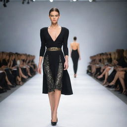 High-end fashion model strutting down a modern, glamorous catwalk