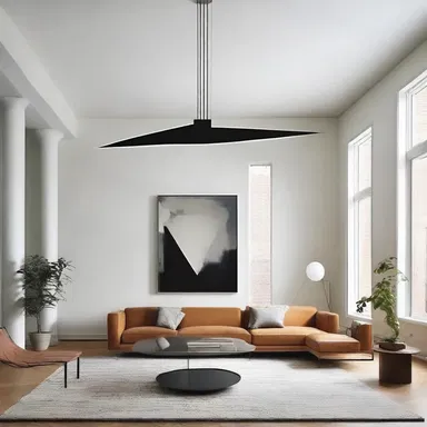 The suspended sculpture in the modern living room serves as a metaphor, symbolizing the sword of Damocles looming over the space.