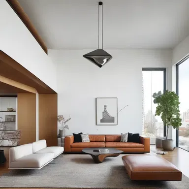 The suspended sculpture in the modern living room serves as a metaphor, symbolizing the sword of Damocles looming over the space.