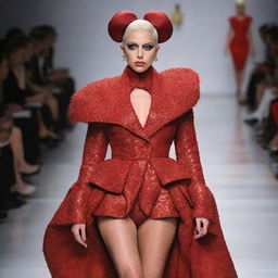 A stylish model on a runway showcasing a bold and avant-garde outfit designed by Lady Gaga