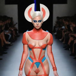 A stylish model on a runway showcasing a bold and avant-garde outfit designed by Lady Gaga