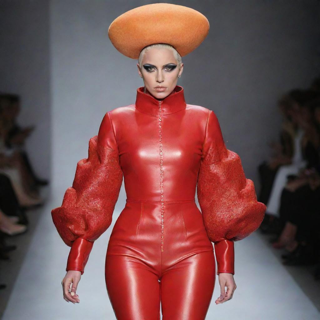 A stylish model on a runway showcasing a bold and avant-garde outfit designed by Lady Gaga