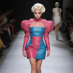 A stylish model on a runway showcasing a bold and avant-garde outfit designed by Lady Gaga