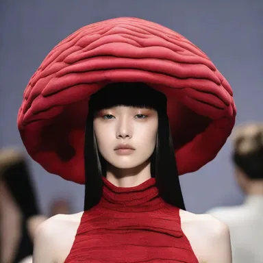 The fashion designer showcased a collection of avant-garde hats on the runway, and one of the most eye-catching pieces was a large pileus-inspired cap that resembled a mushroom, capturing the attention of the audience.