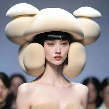 The fashion designer showcased a collection of avant-garde hats on the runway, and one of the most eye-catching pieces was a large pileus-inspired cap that resembled a mushroom, capturing the attention of the audience.