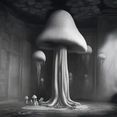 As the protagonist entered the haunted mansion, he noticed a decaying pileus-shaped cluster of mushrooms growing ominously on the wall, setting a macabre and unsettling atmosphere in the horror story.