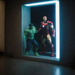 Illuminated CCTV footage showing Iron Man and Hulk opening a portal from which DC heroes and villains are emerging at 1:18