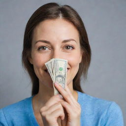 A radiantly smiling woman holding a wad of money at eye level in her right hand, expressing a look of awe and joy