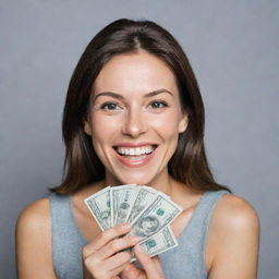 A radiantly smiling woman holding a wad of money at eye level in her right hand, expressing a look of awe and joy