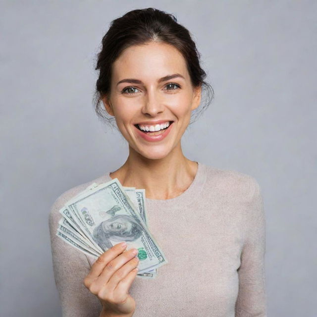 A radiantly smiling woman holding a wad of money at eye level in her right hand, expressing a look of awe and joy