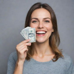 A radiantly smiling woman holding a wad of money at eye level in her right hand, expressing a look of awe and joy