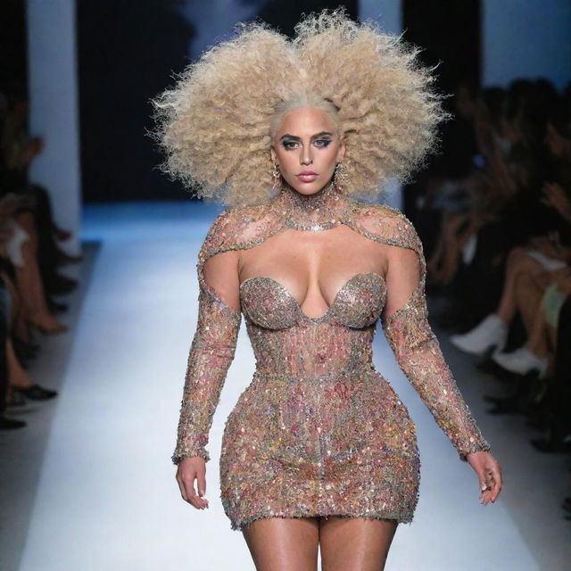 A model strutting on a runway, wearing an extravagant and unique fashion ensemble designed by Lady Gaga