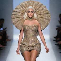 A model strutting on a runway, wearing an extravagant and unique fashion ensemble designed by Lady Gaga