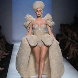 A model strutting on a runway, wearing an extravagant and unique fashion ensemble designed by Lady Gaga