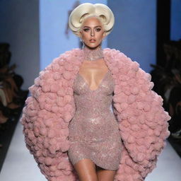 A model strutting on a runway, wearing an extravagant and unique fashion ensemble designed by Lady Gaga