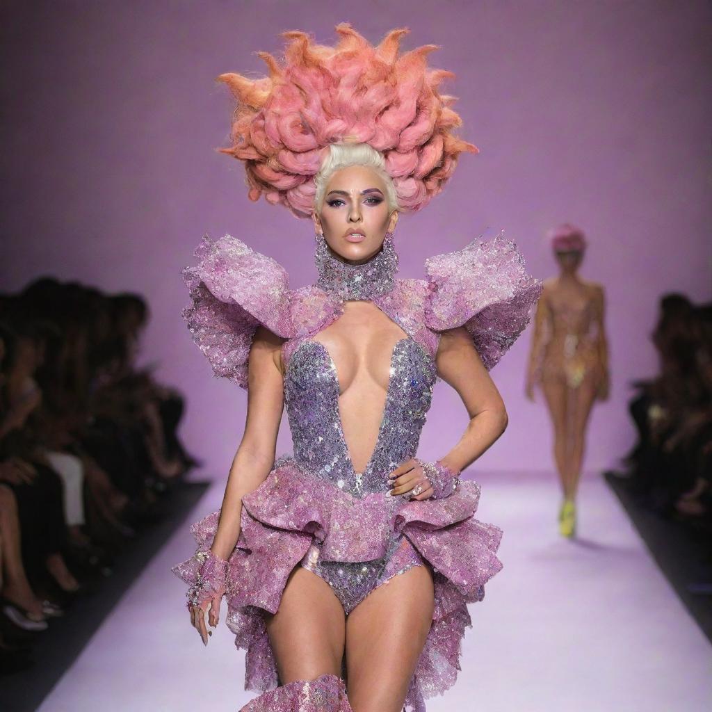 A model on a runway, adorned in a creatively eccentric and flamboyant outfit designed in a collaboration between Lady Gaga and Effie Trinket