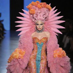 A model on a runway, adorned in a creatively eccentric and flamboyant outfit designed in a collaboration between Lady Gaga and Effie Trinket