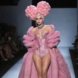 A model on a runway, adorned in a creatively eccentric and flamboyant outfit designed in a collaboration between Lady Gaga and Effie Trinket